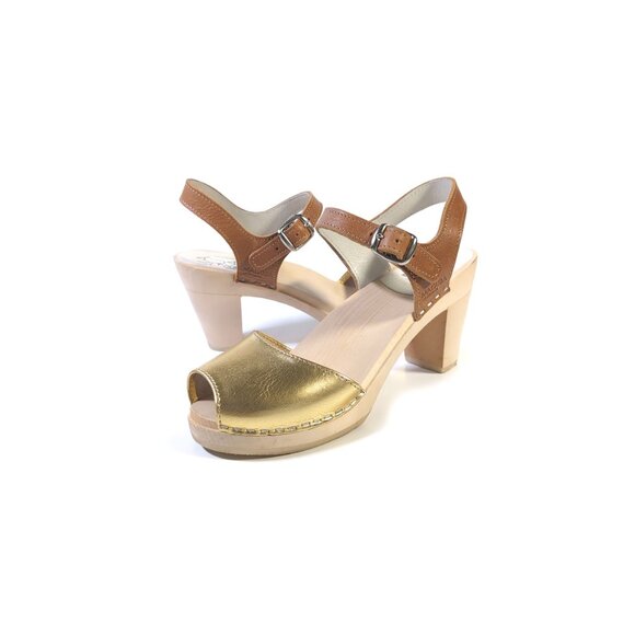 MAGUBA Clogs 37 Gold Open Toe Leather Heeled Swedish Clog Sandals *PRIMO* - Picture 1 of 12